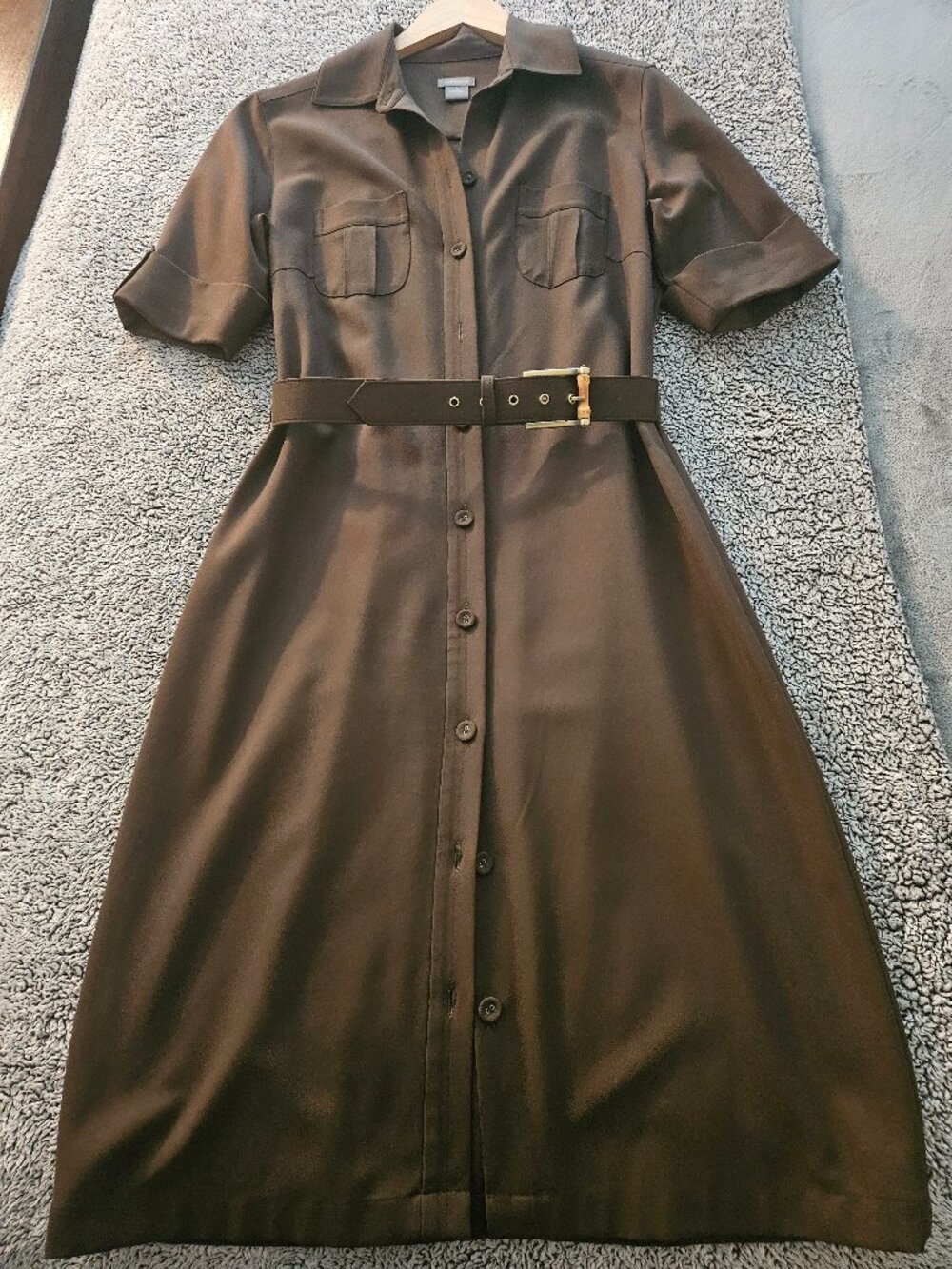 🤎 Ann Taylor Brown Belted Military Shirt Midi Dress – Size 8, Chic & Polished